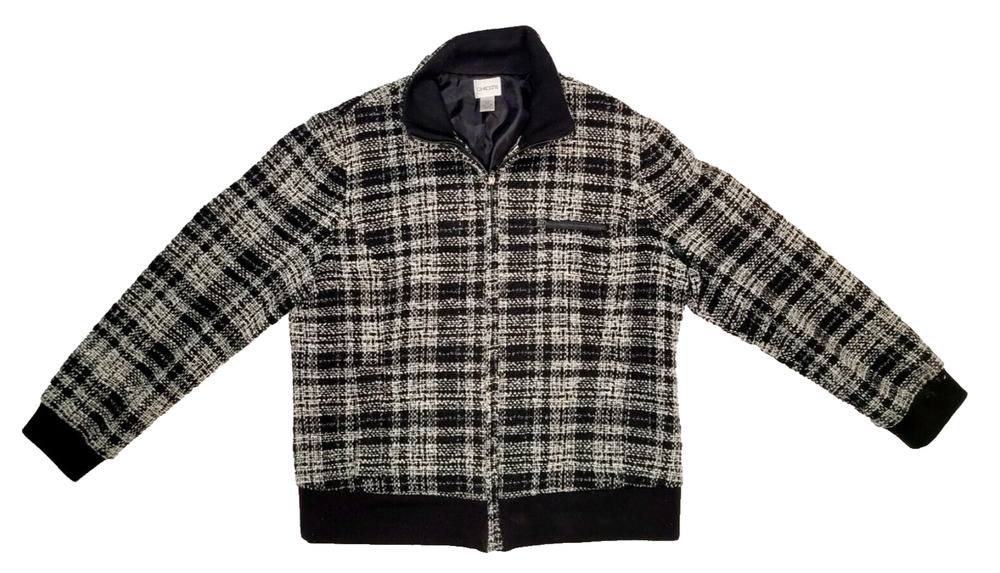 Chico's Black & White Wool Blend Full Zip Lined Jacket Women's Size 3 (Size 16)